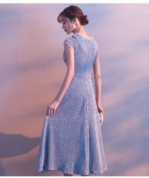 Temperament aura Beautiful Women Sky Blue Shining Formal Event Bride Prom Dinner Midi A Line Dress