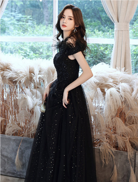 Temperament Elegant Beautiful Women Black Shining Tassel Sequins Off Shoulder Evening Event Party Prom Banquet A Line Dress