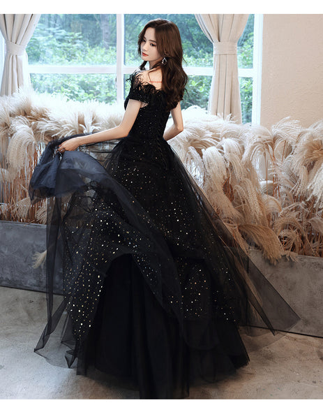 Temperament Elegant Beautiful Women Black Shining Tassel Sequins Off Shoulder Evening Event Party Prom Banquet A Line Dress