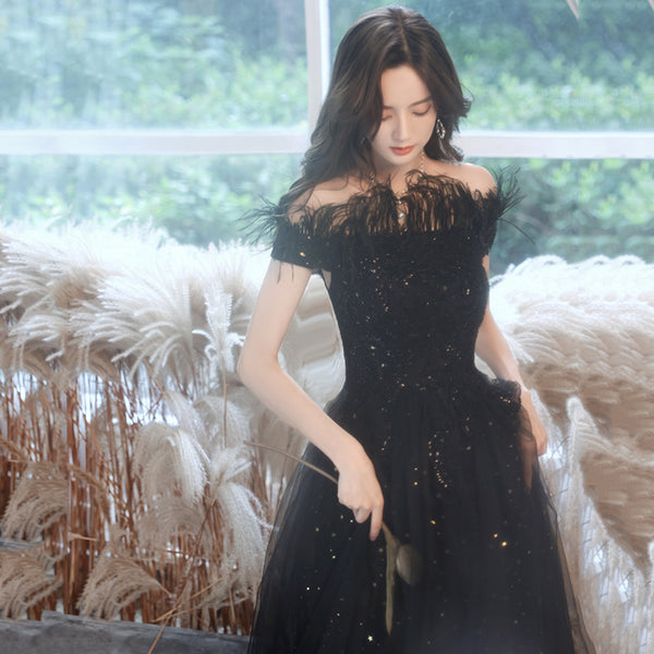 Temperament Elegant Beautiful Women Black Shining Tassel Sequins Off Shoulder Evening Event Party Prom Banquet A Line Dress