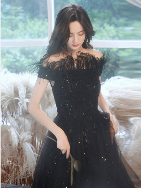 Temperament Elegant Beautiful Women Black Shining Tassel Sequins Off Shoulder Evening Event Party Prom Banquet A Line Dress