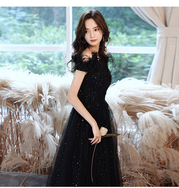 Temperament Elegant Beautiful Women Black Shining Tassel Sequins Off Shoulder Evening Event Party Prom Banquet A Line Dress