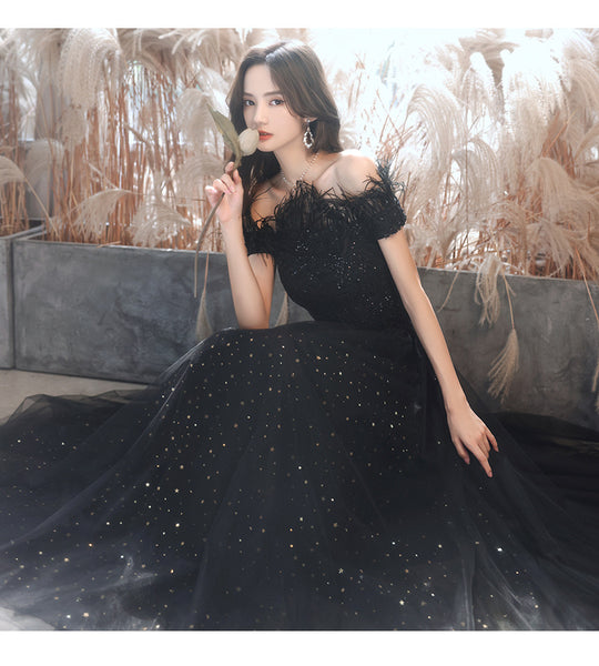 Temperament Elegant Beautiful Women Black Shining Tassel Sequins Off Shoulder Evening Event Party Prom Banquet A Line Dress