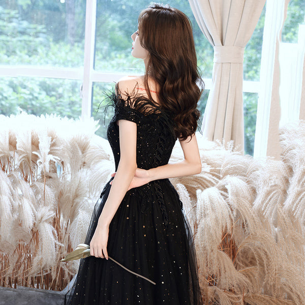 Temperament Elegant Beautiful Women Black Shining Tassel Sequins Off Shoulder Evening Event Party Prom Banquet A Line Dress