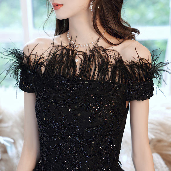 Temperament Elegant Beautiful Women Black Shining Tassel Sequins Off Shoulder Evening Event Party Prom Banquet A Line Dress