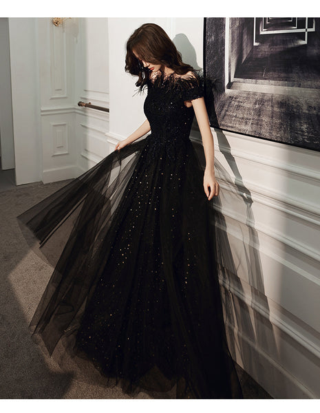 Temperament Elegant Beautiful Women Black Shining Tassel Sequins Off Shoulder Evening Event Party Prom Banquet A Line Dress