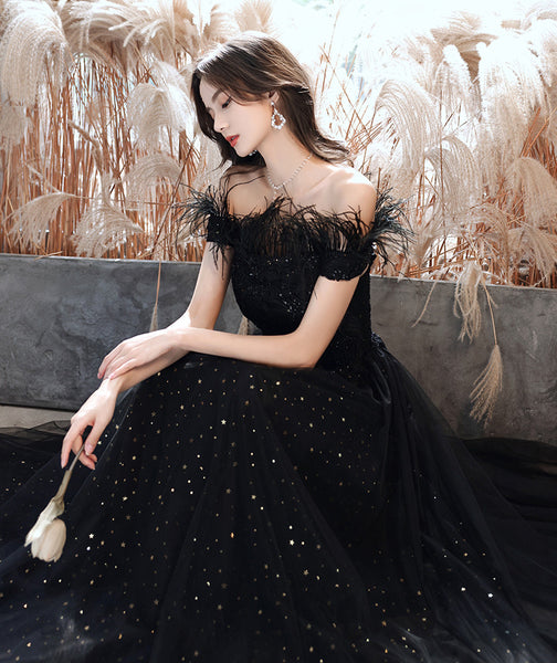 Temperament Elegant Beautiful Women Black Shining Tassel Sequins Off Shoulder Evening Event Party Prom Banquet A Line Dress