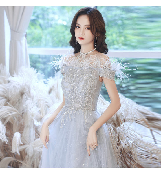 Fairy Temperament Attractive Women Silver Tassel Shining Sequins Off Shoulder Party Prom Banquet A Line Dress