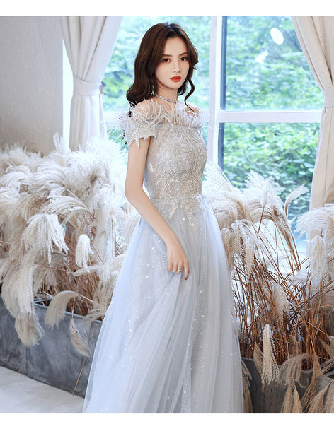 Fairy Temperament Attractive Women Silver Tassel Shining Sequins Off Shoulder Party Prom Banquet A Line Dress
