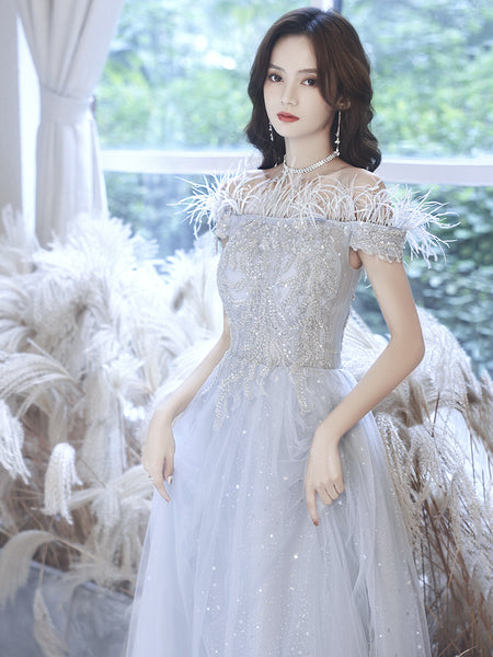 Fairy Temperament Attractive Women Silver Tassel Shining Sequins Off Shoulder Party Prom Banquet A Line Dress