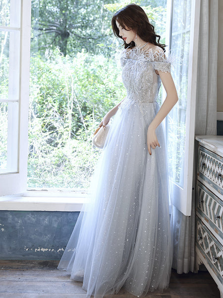 Fairy Temperament Attractive Women Silver Tassel Shining Sequins Off Shoulder Party Prom Banquet A Line Dress