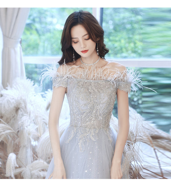 Fairy Temperament Attractive Women Silver Tassel Shining Sequins Off Shoulder Party Prom Banquet A Line Dress