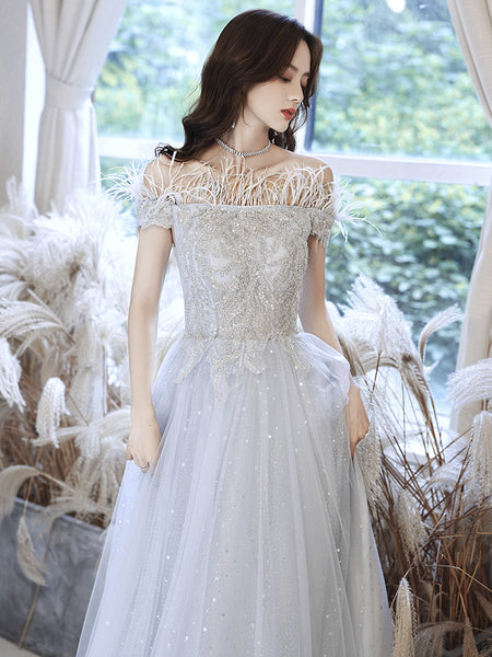 Fairy Temperament Attractive Women Silver Tassel Shining Sequins Off Shoulder Party Prom Banquet A Line Dress