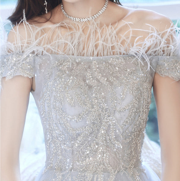 Fairy Temperament Attractive Women Silver Tassel Shining Sequins Off Shoulder Party Prom Banquet A Line Dress