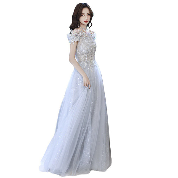 Fairy Temperament Attractive Women Silver Tassel Shining Sequins Off Shoulder Party Prom Banquet A Line Dress