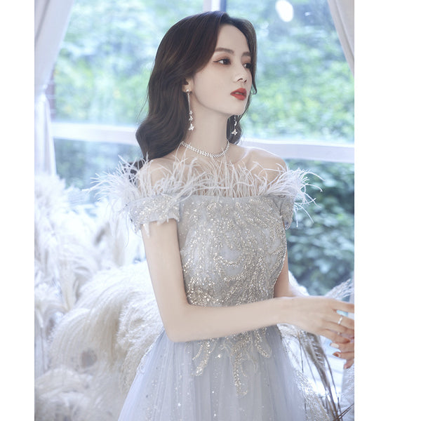 Fairy Temperament Attractive Women Silver Tassel Shining Sequins Off Shoulder Party Prom Banquet A Line Dress