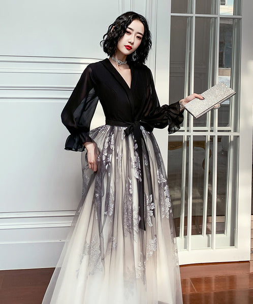 Temperament Plus Size Women Black Ombre Color Gradual Change V Neck High Waist Meeting Evening Pleated Dress