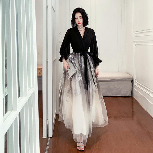 Temperament Plus Size Women Black Ombre Color Gradual Change V Neck High Waist Meeting Evening Pleated Dress