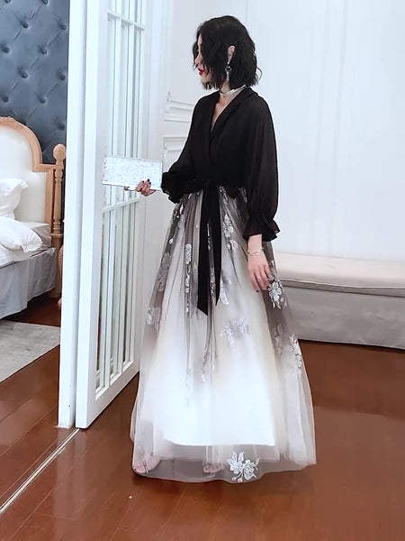 Temperament Plus Size Women Black Ombre Color Gradual Change V Neck High Waist Meeting Evening Pleated Dress