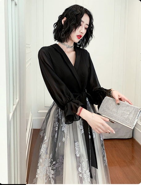 Temperament Plus Size Women Black Ombre Color Gradual Change V Neck High Waist Meeting Evening Pleated Dress