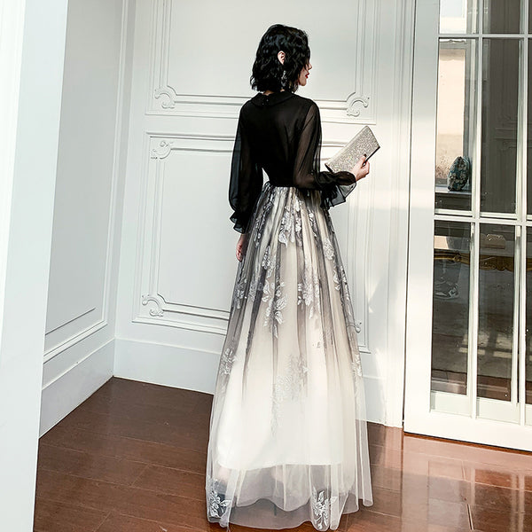 Temperament Plus Size Women Black Ombre Color Gradual Change V Neck High Waist Meeting Evening Pleated Dress