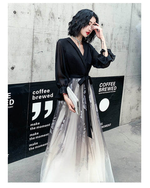 Temperament Plus Size Women Black Ombre Color Gradual Change V Neck High Waist Meeting Evening Pleated Dress