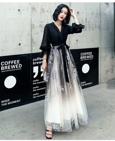 Temperament Plus Size Women Black Ombre Color Gradual Change V Neck High Waist Meeting Evening Pleated Dress