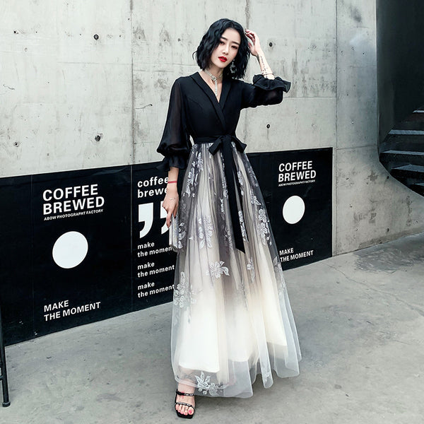 Temperament Plus Size Women Black Ombre Color Gradual Change V Neck High Waist Meeting Evening Pleated Dress