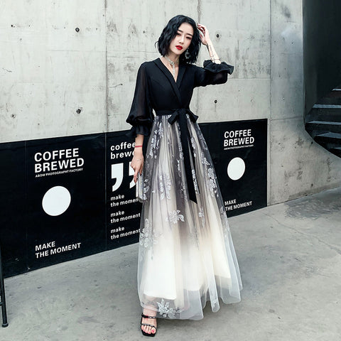 Temperament Plus Size Women Black Ombre Color Gradual Change V Neck High Waist Meeting Evening Pleated Dress