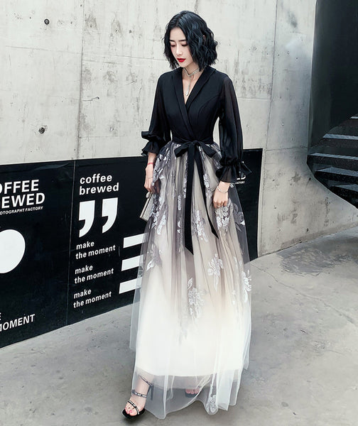 Temperament Plus Size Women Black Ombre Color Gradual Change V Neck High Waist Meeting Evening Pleated Dress