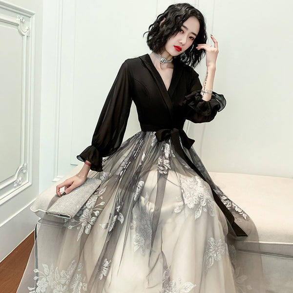 Temperament Plus Size Women Black Ombre Color Gradual Change V Neck High Waist Meeting Evening Pleated Dress