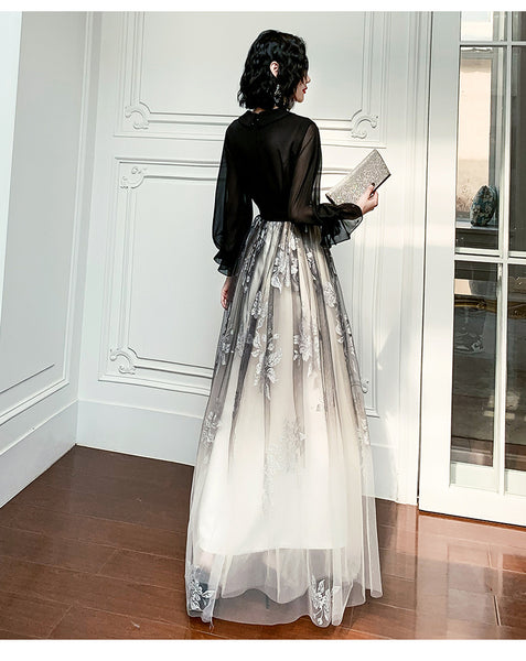 Temperament Plus Size Women Black Ombre Color Gradual Change V Neck High Waist Meeting Evening Pleated Dress