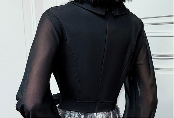 Temperament Plus Size Women Black Ombre Color Gradual Change V Neck High Waist Meeting Evening Pleated Dress