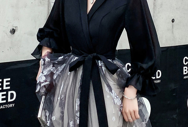 Temperament Plus Size Women Black Ombre Color Gradual Change V Neck High Waist Meeting Evening Pleated Dress