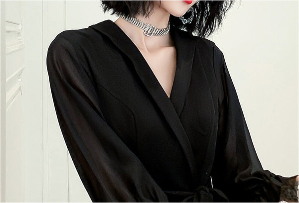 Temperament Plus Size Women Black Ombre Color Gradual Change V Neck High Waist Meeting Evening Pleated Dress