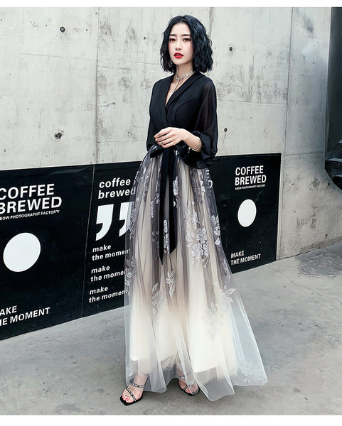 Temperament Plus Size Women Black Ombre Color Gradual Change V Neck High Waist Meeting Evening Pleated Dress