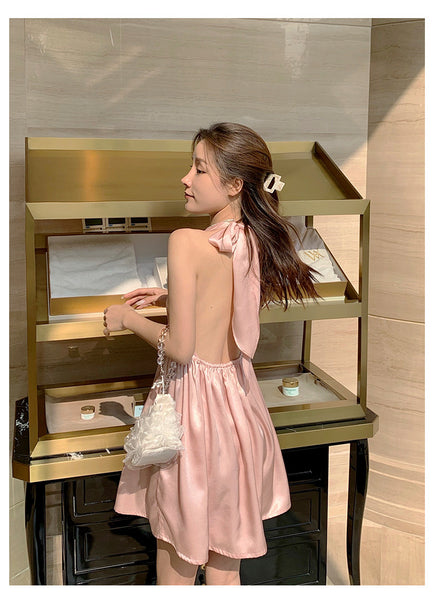Great Quality Summer Temperament Women Backless Halter Shinny Satin Pink Color High Waist Deep V Neck A-Line Dress