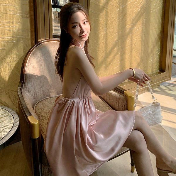 Great Quality Summer Temperament Women Backless Halter Shinny Satin Pink Color High Waist Deep V Neck A-Line Dress