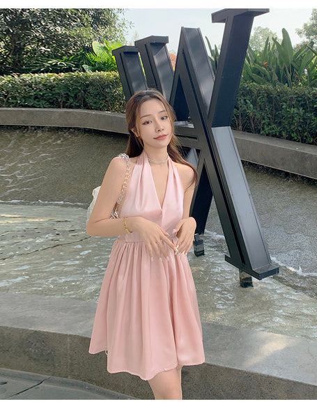 Great Quality Summer Temperament Women Backless Halter Shinny Satin Pink Color High Waist Deep V Neck A-Line Dress