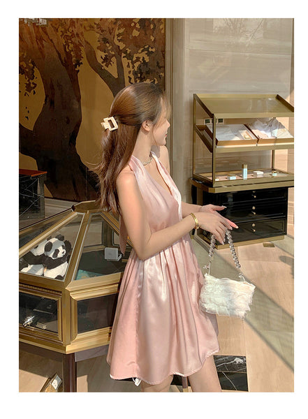 Great Quality Summer Temperament Women Backless Halter Shinny Satin Pink Color High Waist Deep V Neck A-Line Dress