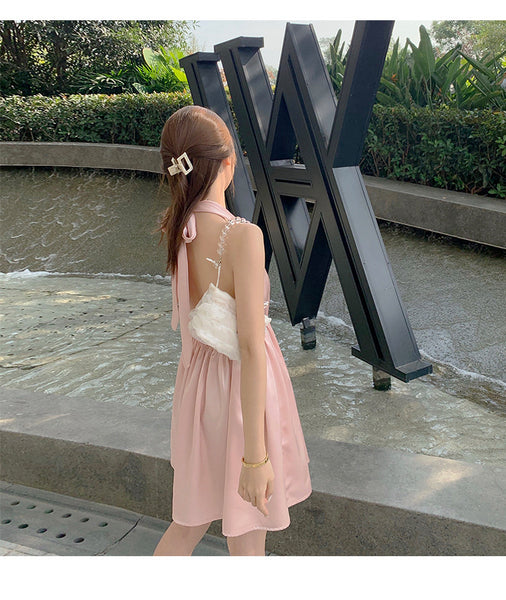 Great Quality Summer Temperament Women Backless Halter Shinny Satin Pink Color High Waist Deep V Neck A-Line Dress