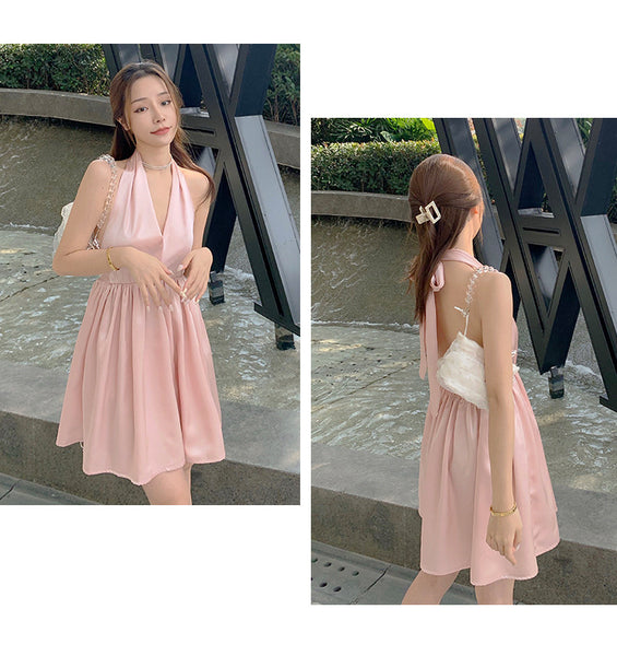 Great Quality Summer Temperament Women Backless Halter Shinny Satin Pink Color High Waist Deep V Neck A-Line Dress