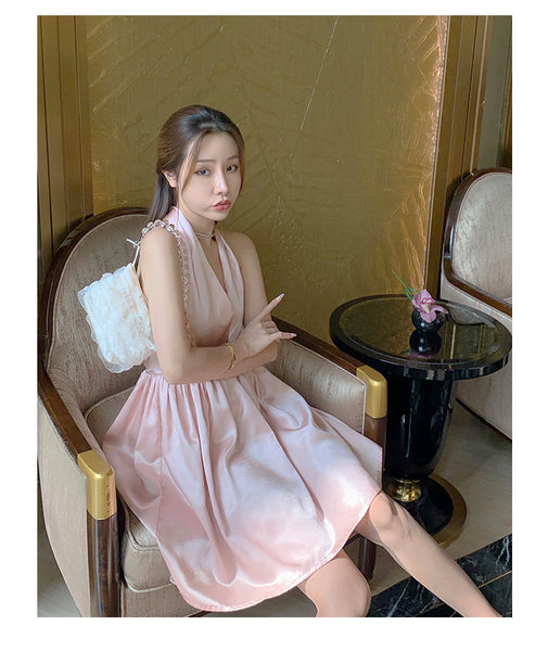 Great Quality Summer Temperament Women Backless Halter Shinny Satin Pink Color High Waist Deep V Neck A-Line Dress