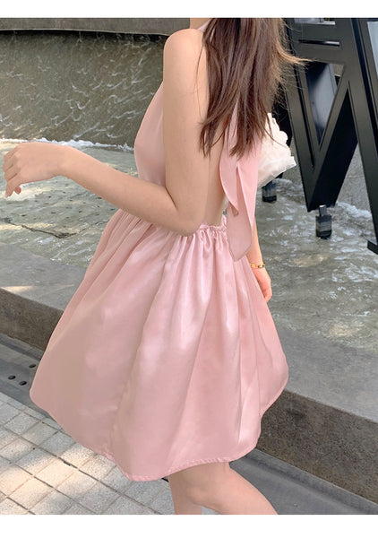 Great Quality Summer Temperament Women Backless Halter Shinny Satin Pink Color High Waist Deep V Neck A-Line Dress