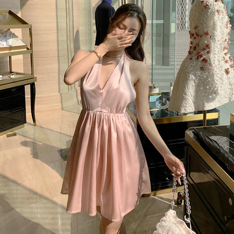 Great Quality Summer Temperament Women Backless Halter Shinny Satin Pink Color High Waist Deep V Neck A-Line Dress