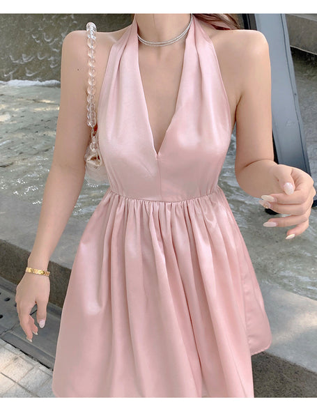 Great Quality Summer Temperament Women Backless Halter Shinny Satin Pink Color High Waist Deep V Neck A-Line Dress