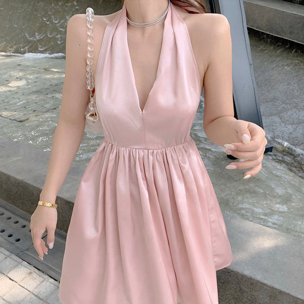 Great Quality Summer Temperament Women Backless Halter Shinny Satin Pink Color High Waist Deep V Neck A-Line Dress