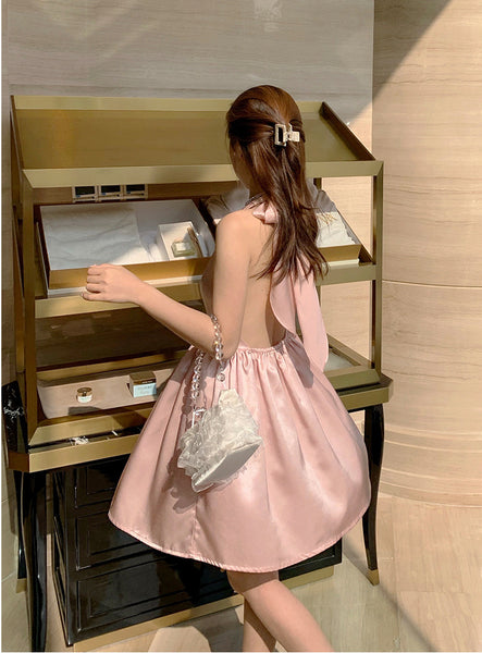Great Quality Summer Temperament Women Backless Halter Shinny Satin Pink Color High Waist Deep V Neck A-Line Dress