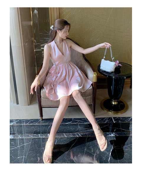 Great Quality Summer Temperament Women Backless Halter Shinny Satin Pink Color High Waist Deep V Neck A-Line Dress