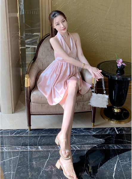 Great Quality Summer Temperament Women Backless Halter Shinny Satin Pink Color High Waist Deep V Neck A-Line Dress